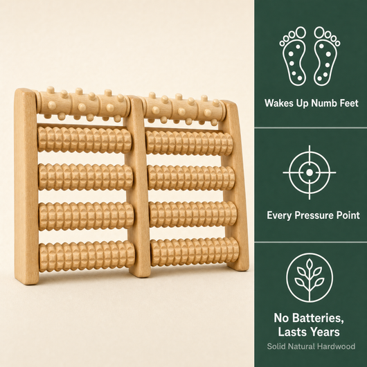 Wooden Foot Roller Massager - wakes up numb feet, every pressure point, no batteries