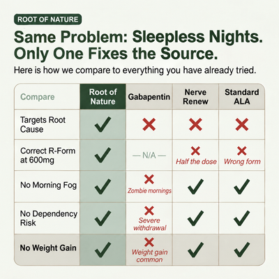 Comparison: Root of Nature vs gabapentin, Nerve Renew, standard ALA