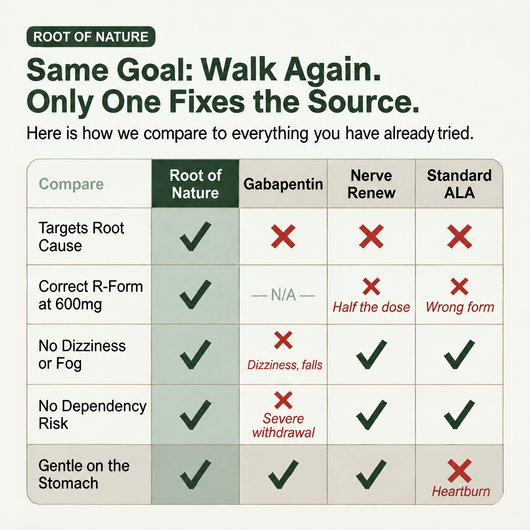 Comparison: Root of Nature vs gabapentin, Nerve Renew, standard ALA
