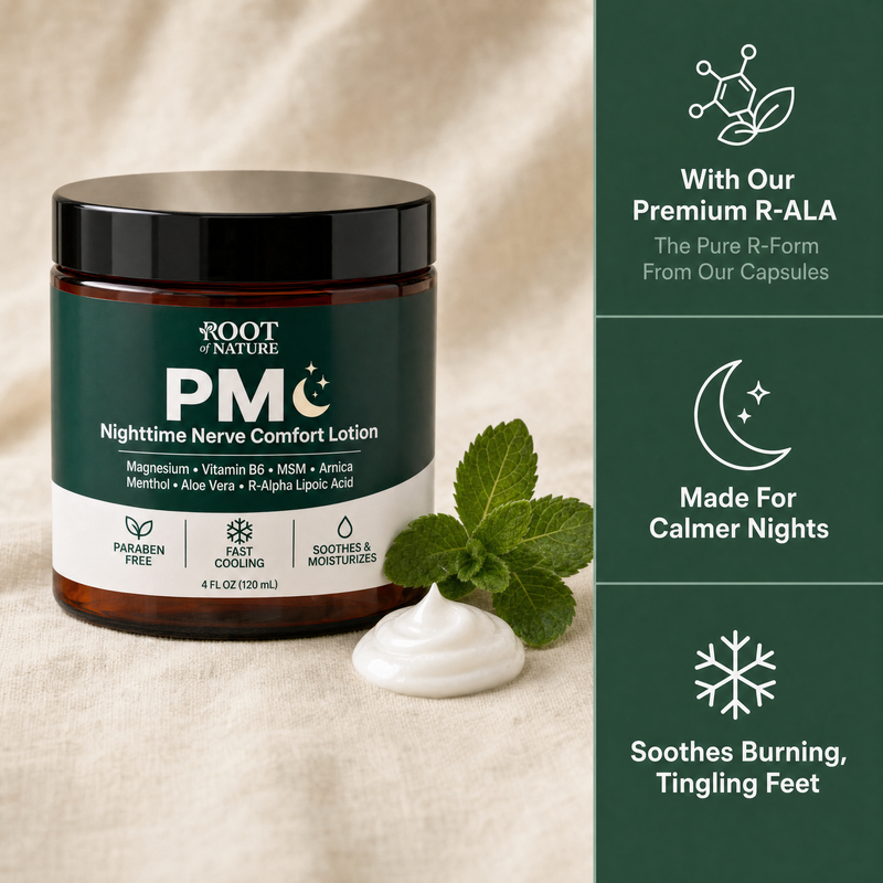 PM Nighttime Nerve Comfort Lotion with our premium R-ALA, made for calmer nights