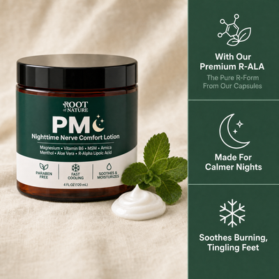 PM Nighttime Nerve Comfort Lotion with our premium R-ALA, made for calmer nights