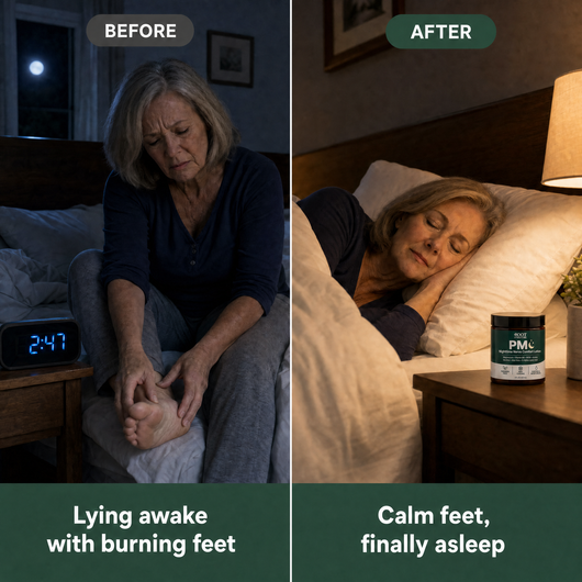 Before: lying awake with burning feet. After: calm feet, finally asleep