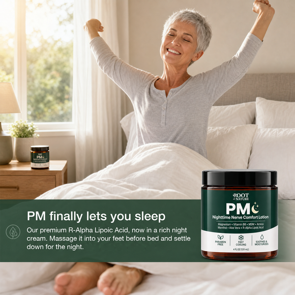 Woman waking up rested after using PM Nighttime Nerve Comfort Lotion